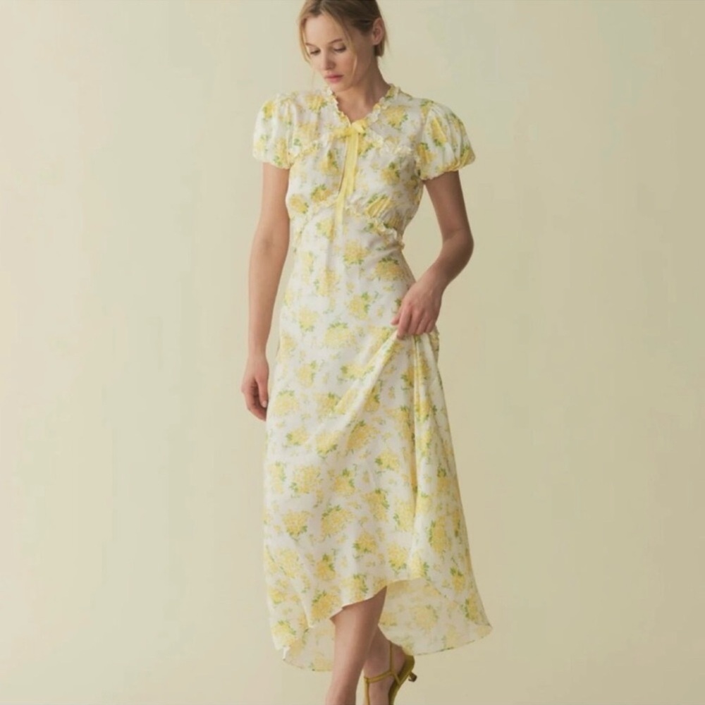 Doen Yellow Floral Puff-Sleeve Midi Dress Orianna Silk Satin NWT